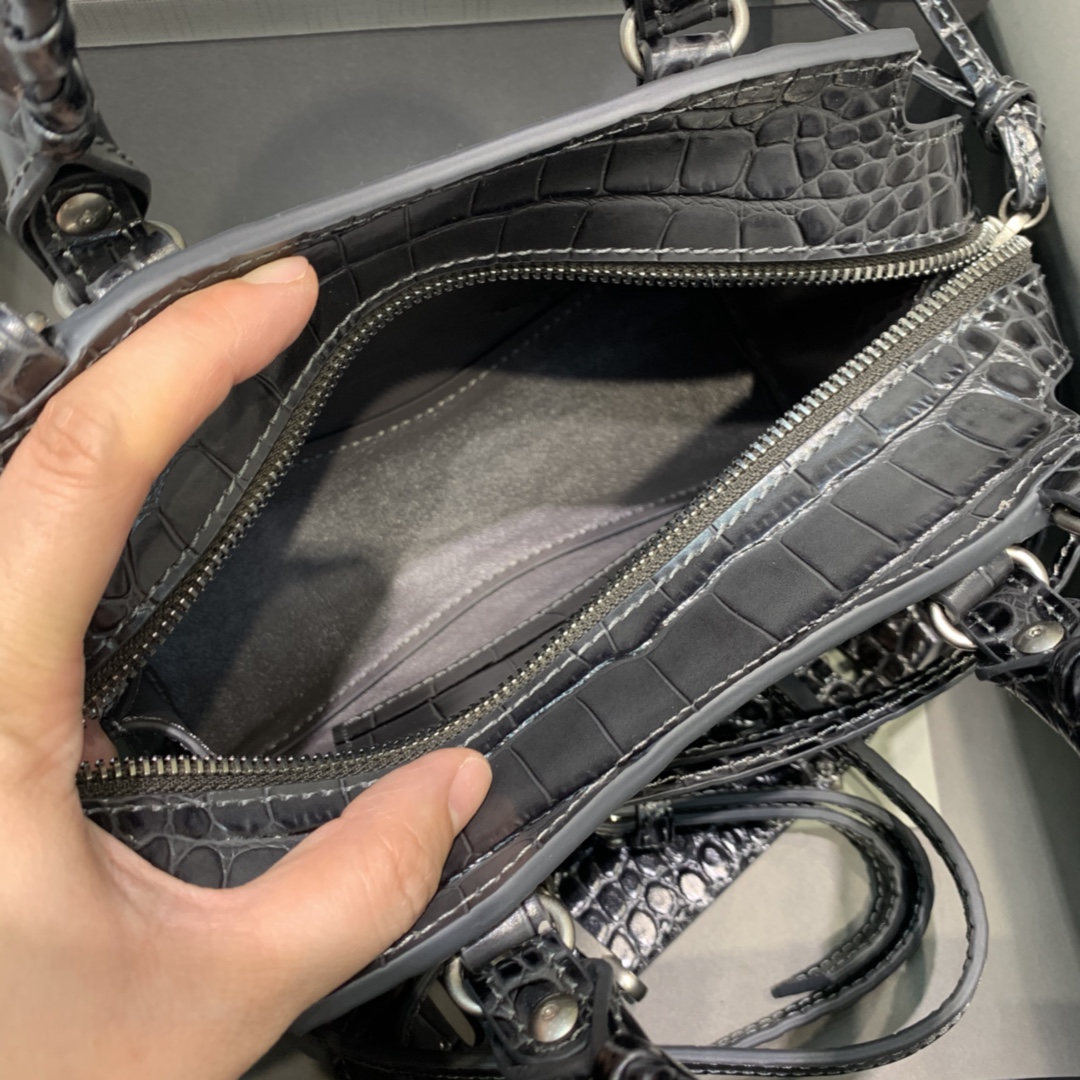 Balenciaga Neo Classic Mini Handbag Crocodile Embossed Shoulder Bag Dark Gray